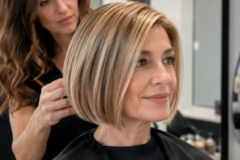 Une coiffeuse ajuste la coupe **comb over** d'une cliente souriante. Cheveux blonds et châtains, coupe courte et élégante.