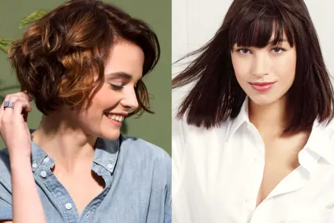 Deux femmes souriantes affichent un photo coupe carré femme. L'une a un carré court ondulé, l'autre un carré long avec frange.