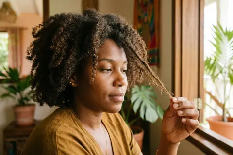 Une femme examine ses cheveux abîmés, se demandant que faire pour les revitaliser.