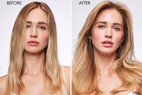 Avant/après : des cheveux fins transformés en une chevelure volumineuse et éclatante.