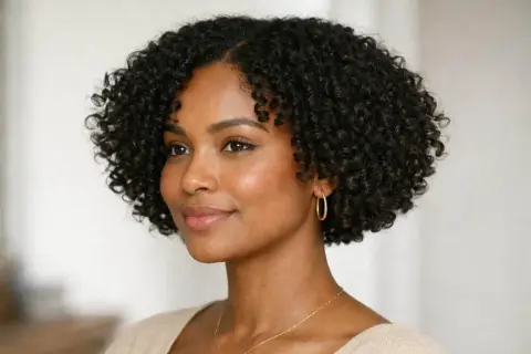 Une femme au carré court bouclé naturel, souriant doucement. Ses boucles définies encadrent son visage radieux.