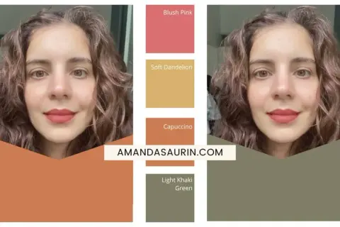 Conseils pour savoir quelle couleur de cheveux nous va : une femme avec des mèches châtain clair et des couleurs de maquillage suggérées.