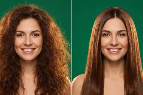 Avant/après : la différence entre un lissage brésilien et un lissage au tanin pour des cheveux lisses et brillants.