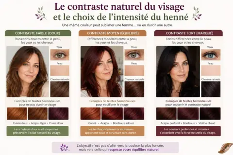 Guide pour un henné facile à faire : trois intensités de contraste pour sublimer votre visage, du doux au marqué.