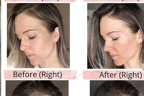 Avant/après : le visage et la ligne frontale d'une femme. Le traitement semble favoriser la pousse des cheveux.