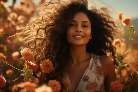 Une jeune femme souriante aux cheveux bouclés et volumineux, entourée de fleurs orangées. Le nombre de cheveux est impressionnant, comme une cascade dorée.