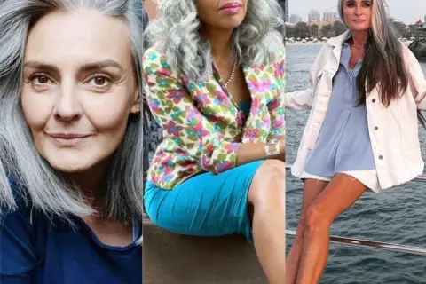 Trois femmes élégantes arborent fièrement leurs cheveux longs gris naturels, un style qui traverse le temps.