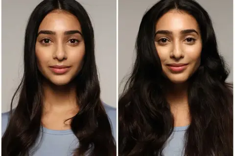 Avant/après : une femme aux cheveux bruns, lisses puis ondulés. Elle ne se rince pas les cheveux tous les jours.