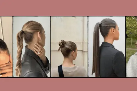 Cinq coiffures plaquées pour cheveux mi-longs : chignons, queues de cheval tressées et lisses.