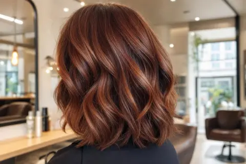 Chevelure ondulée aux reflets cuivrés, une transformation réussie de brune à rousse, mise en valeur dans un salon de coiffure moderne.