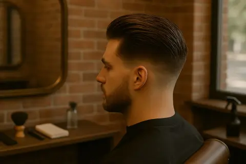 Un homme arbore une coupe de cheveux homme undercut avec un dégradé impeccable, le tout dans une ambiance de salon de coiffure.