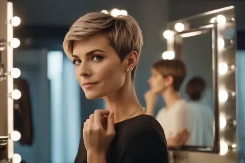 Une femme au regard confiant arbore une coupe pixie rasé, se préparant devant un miroir éclairé.