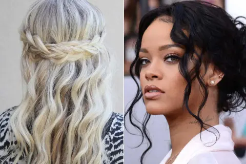 Une tresse sur des cheveux bouclés blonds, et Rihanna avec sa chevelure noire ondulée.