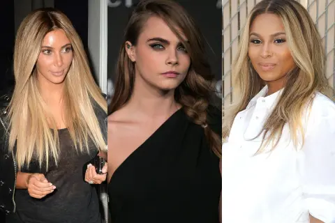 Trois femmes aux cheveux blonds, résultat d'une coloration sur brune. Kim Kardashian, Cara Delevingne et Ciara affichent des mèches claires.