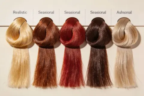 Échantillons de colorimétrie couleur cheveux : blond réaliste, roux saisonnier, rouge saisonnier, brun saisonnier, blond cendré.
