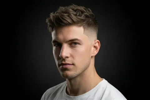 Un jeune homme au regard intense, arborant une coupe de cheveux moderne avec un dégradé inversé impeccable sur les côtés.