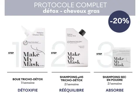 Protocole détox pour cheveux gras : boue, shampoing rééquilibrant, shampoing sec. Solution contre les cheveux gras.