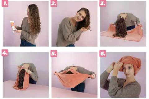 Étapes pour comment sécher ses cheveux bouclés avec une serviette : application de produit, scrunching, pose sur serviette, pliage, et turban.
