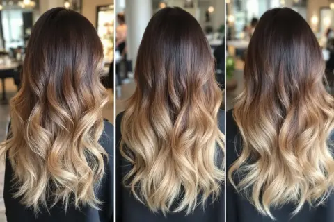 Chevelure brune aux pointes blondes, un magnifique balayage dégradé aux ondulations douces.
