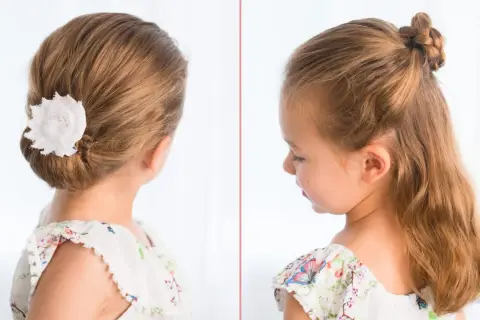 Coiffure élégante pour une tresse enfant fille : un chignon bas orné d'une fleur blanche et une demi-queue tressée.