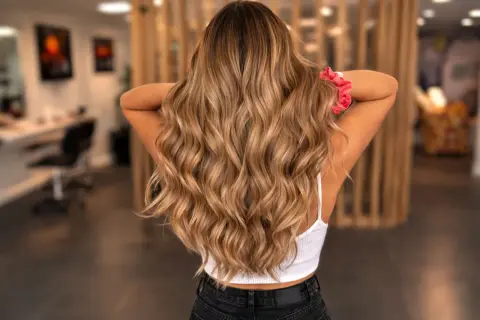 Chevelure longue et ondulée, aux reflets blonds subtils, parfaite pour éclaircir ses cheveux colorés. Un chouchou rose orne le poignet.