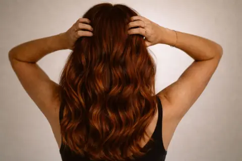 Vue arrière d'une femme aux cheveux ondulés d'une magnifique couleur cheveux auburn, ses mains dans sa chevelure.