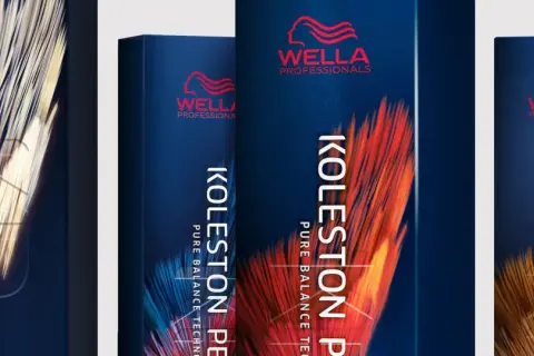 Trois boîtes de coloration Wella Koleston Perfect, avec des visuels abstraits de plumes. Le mode d'emploi est intégré au design.