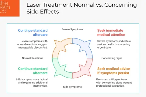 Schéma des effets secondaires de traitement laser : symptômes normaux vs. inquiétants. Pas de mention de Furterer Triphasic progressive.