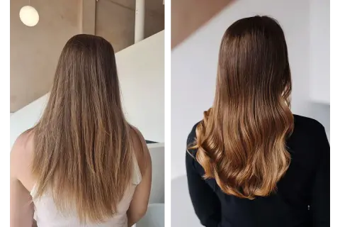 Avant/après : des mèches subtiles et lumineuses obtenues avec une coloration végétale.