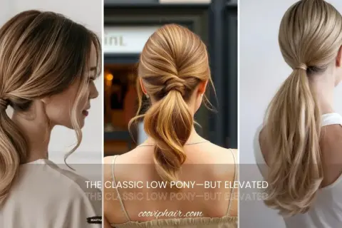 Trois vues de chignons cheveux long : une queue de cheval basse classique, une torsadée et une autre ondulée.