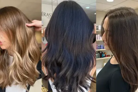 Trois femmes aux cheveux longs et ondulés. La première a une coloration ton sur ton châtain clair avec des reflets blonds. La deuxième a des cheveux d'un noir profond. La troisième a une coloration ton sur ton châtain foncé.