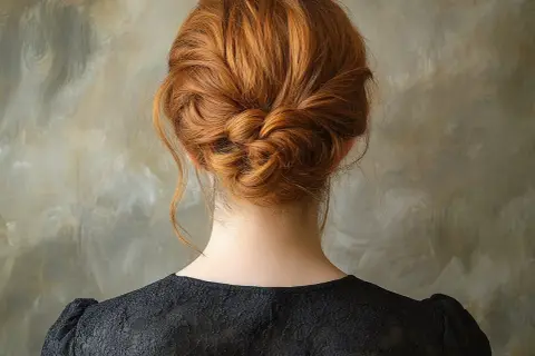Une chevelure rousse magnifiquement coiffée en un chignon tressé, orné de quelques mèches rebelles.