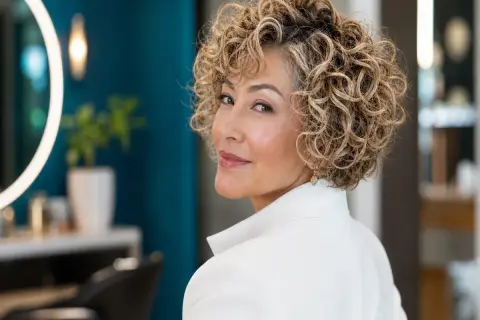 Femme de 60 ans avec une magnifique coupe de cheveux frisés et bouclés, souriant avec confiance.
