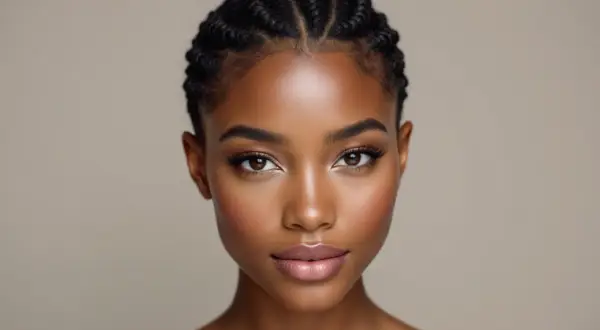 Visage d'une jeune femme à la peau foncée, maquillée, avec une tresse cheveux court sur le dessus de la tête.