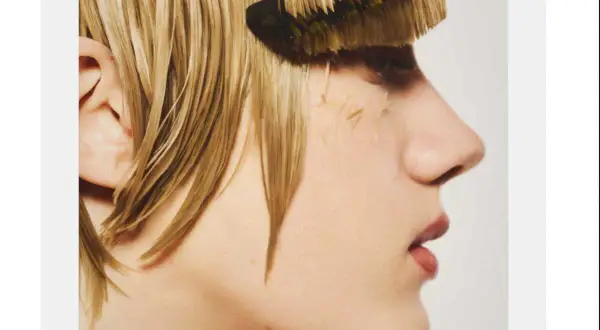 Une personne aux cheveux blonds mouillés, avec un peigne qui semble faire partie de sa frange, en pleine transformation.