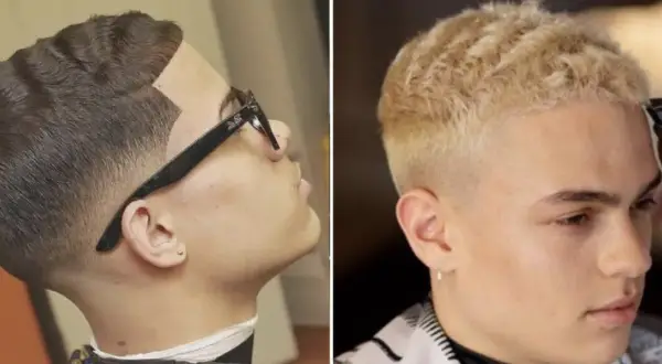 Deux hommes avec des coupes de cheveux ondulées. L'un a des cheveux bruns avec des vagues définies, l'autre des cheveux blonds clairs en cours de coupe. Apprenez comment onduler ses cheveux.