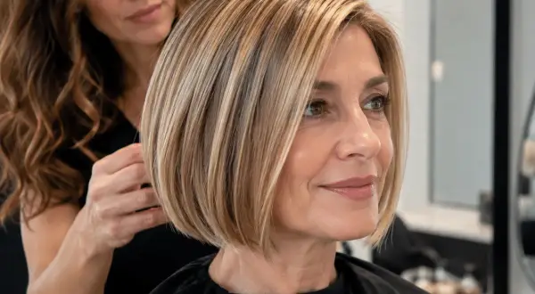 Une coiffeuse ajuste la coupe **comb over** d'une cliente souriante. Cheveux blonds et châtains, coupe courte et élégante.