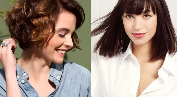 Deux femmes souriantes affichent un photo coupe carré femme. L'une a un carré court ondulé, l'autre un carré long avec frange.