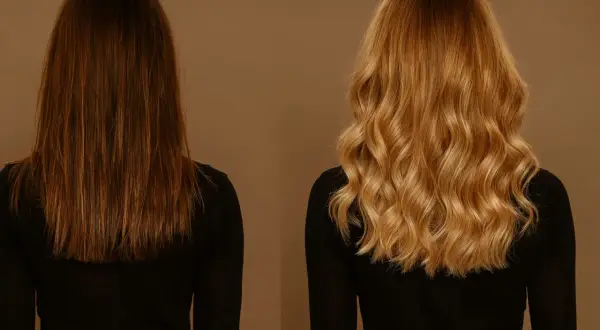 Avant/après : décoloration et coloration le même jour pour des cheveux châtain transformés en une chevelure blonde ondulée et lumineuse.