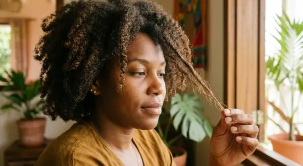 Une femme examine ses cheveux abîmés, se demandant que faire pour les revitaliser.