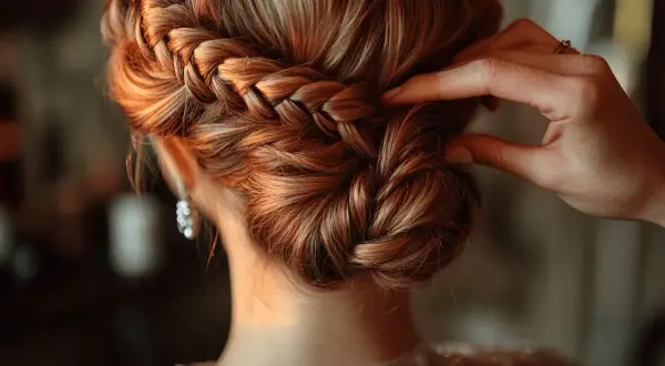 Une main ajuste une magnifique coiffure tresse, un chignon élégant orné de mèches blondes cuivrées.