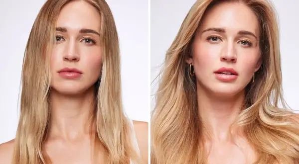 Avant/après : des cheveux fins transformés en une chevelure volumineuse et éclatante.