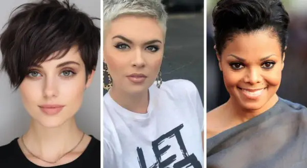 Trois femmes aux visages ronds, chacune avec une coupe courte moderne et stylée.