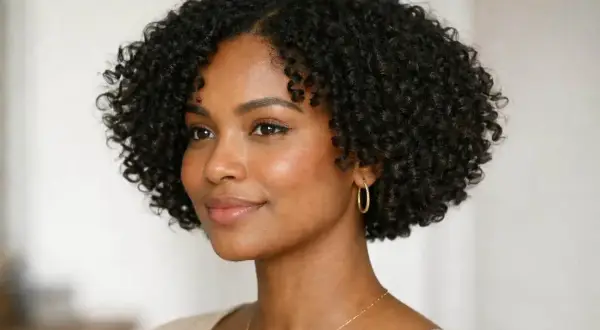 Une femme au carré court bouclé naturel, souriant doucement. Ses boucles définies encadrent son visage radieux.