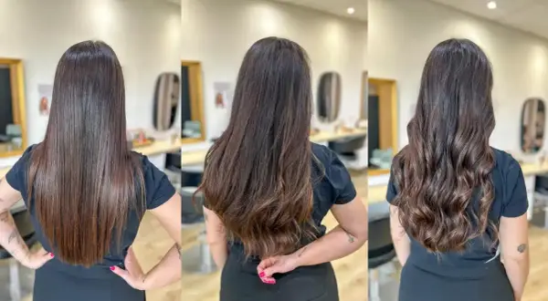 Trois vues du dos d'une femme montrant la transformation de ses cheveux : raides, ondulés puis bouclés après un brushing.