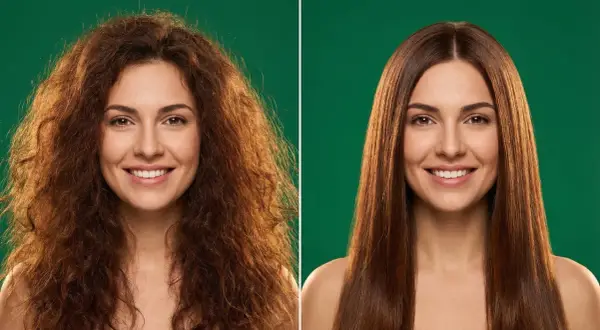 Avant/après : la différence entre un lissage brésilien et un lissage au tanin pour des cheveux lisses et brillants.