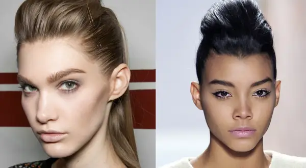 Deux mannequins arborent une coupe avec volume, l'une avec des épingles à cheveux dorées, l'autre avec un chignon haut.