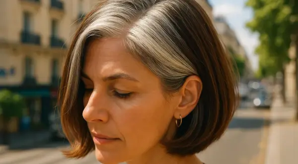 Une femme au regard doux, laissant pousser ses cheveux blancs, se promène dans une rue parisienne.