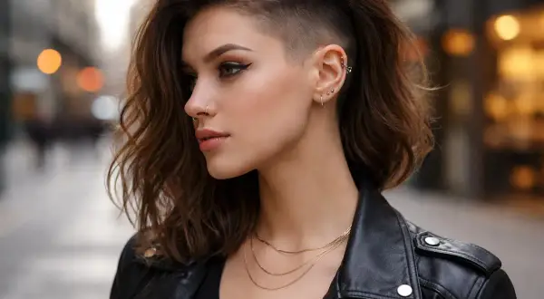 Une femme aux cheveux rasés sur les côtés, portant une veste en cuir et plusieurs bijoux, pose en extérieur.