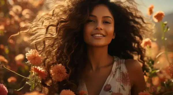 Une jeune femme souriante aux cheveux bouclés et volumineux, entourée de fleurs orangées. Le nombre de cheveux est impressionnant, comme une cascade dorée.